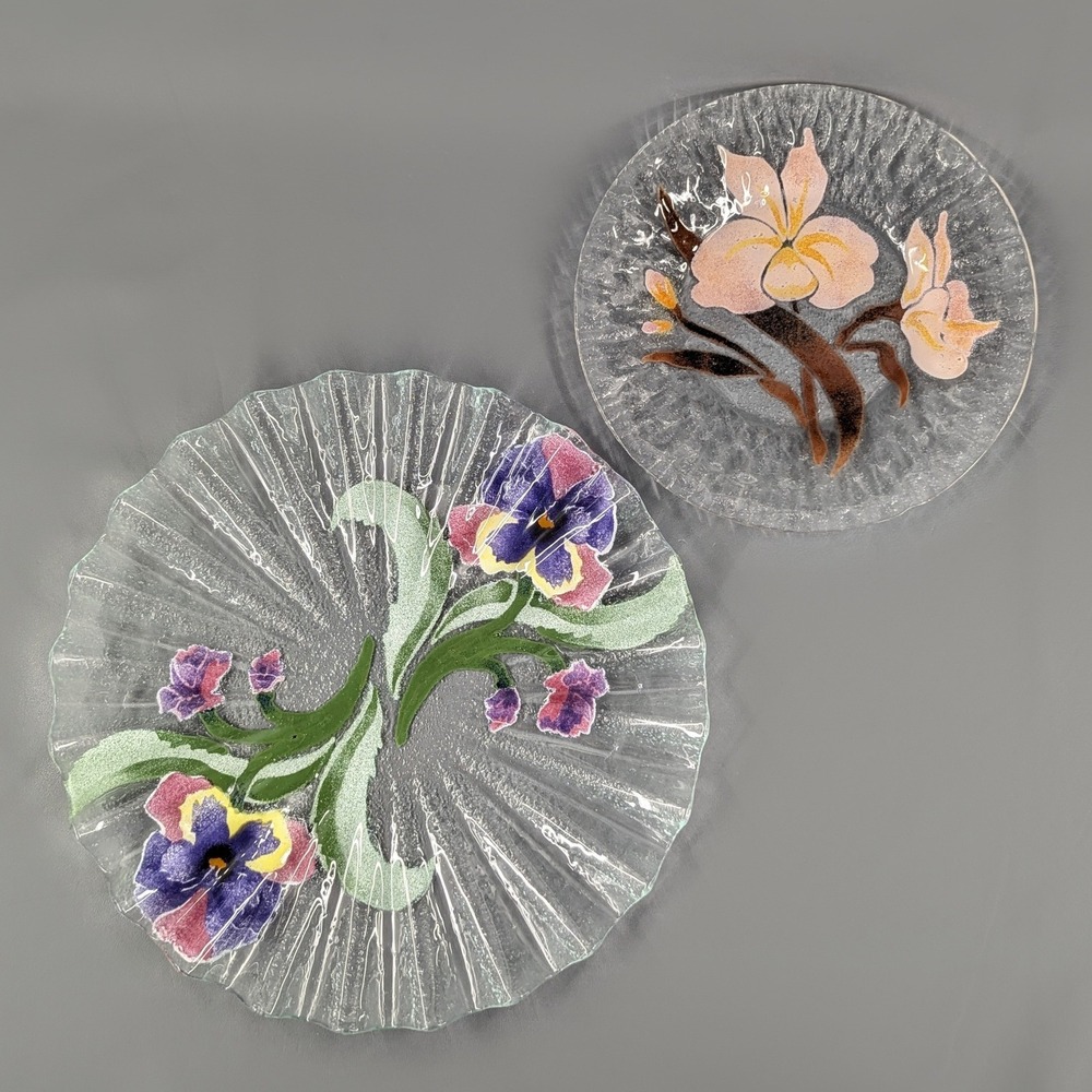 Sydenstricker Fused Glass Floral Plate Set Pansy Orchid Ruffled Textured 2pc